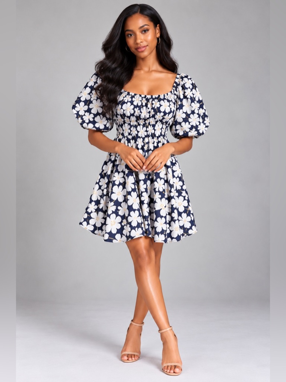 Blue Floral Off Shoulder Babydoll‎ Mini Dress Smocked Sundress Cottage Boho